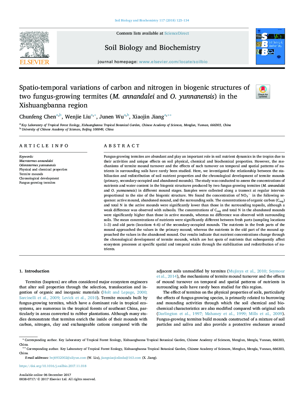 Spatio-temporal variations of carbon and nitrogen in biogenic structures of two fungus-growing termites (M. annandalei and O. yunnanensis) in the Xishuangbanna region