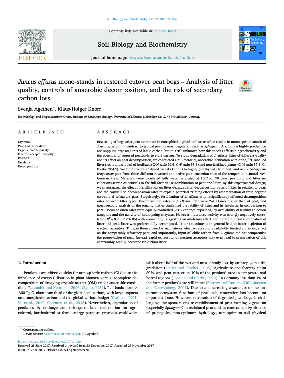 Juncus effusus mono-stands in restored cutover peat bogs - Analysis of litter quality, controls of anaerobic decomposition, and the risk of secondary carbon loss