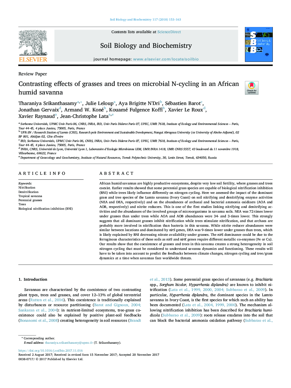 Contrasting effects of grasses and trees on microbial N-cycling in an African humid savanna