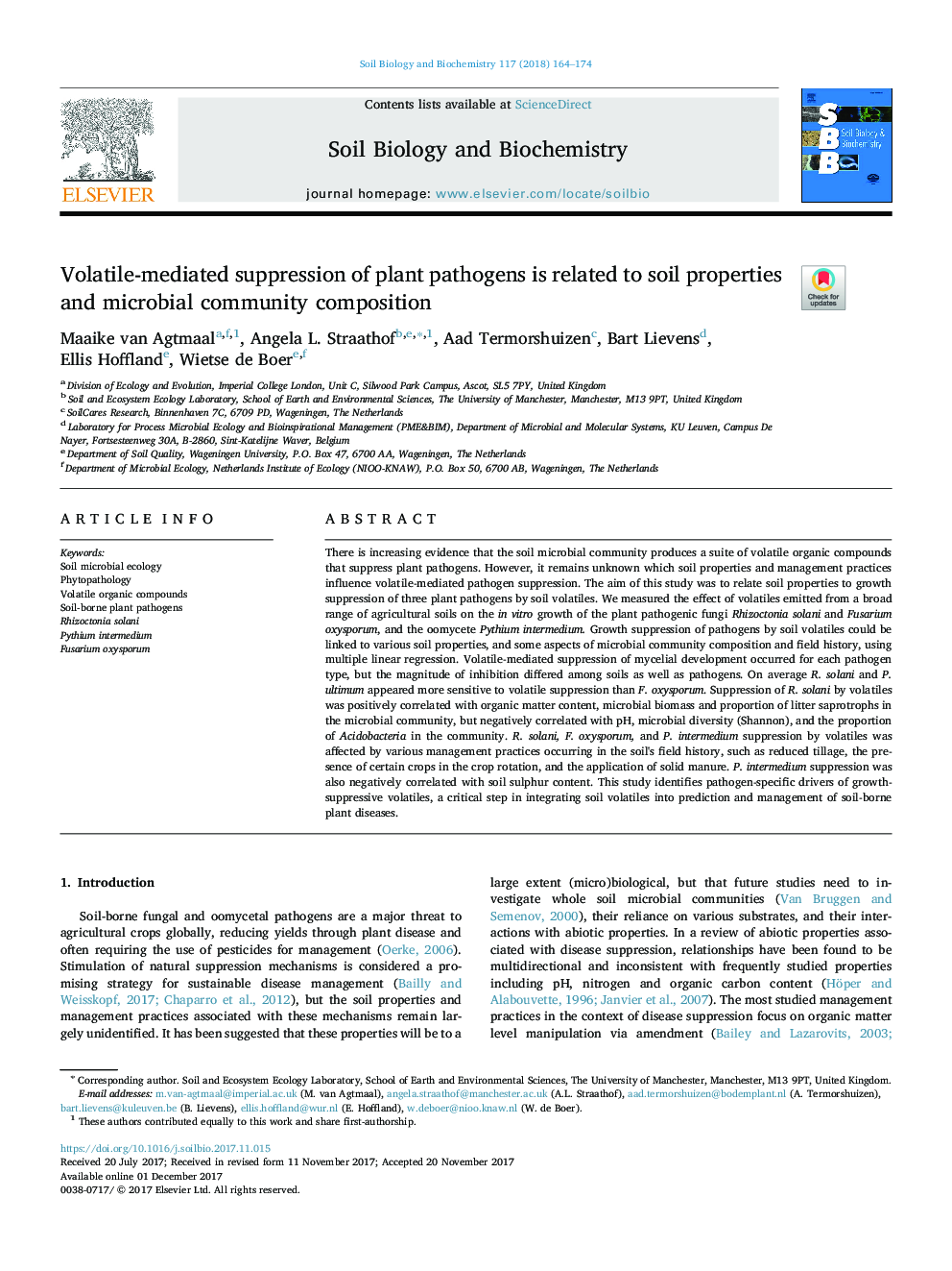 Volatile-mediated suppression of plant pathogens is related to soil properties and microbial community composition