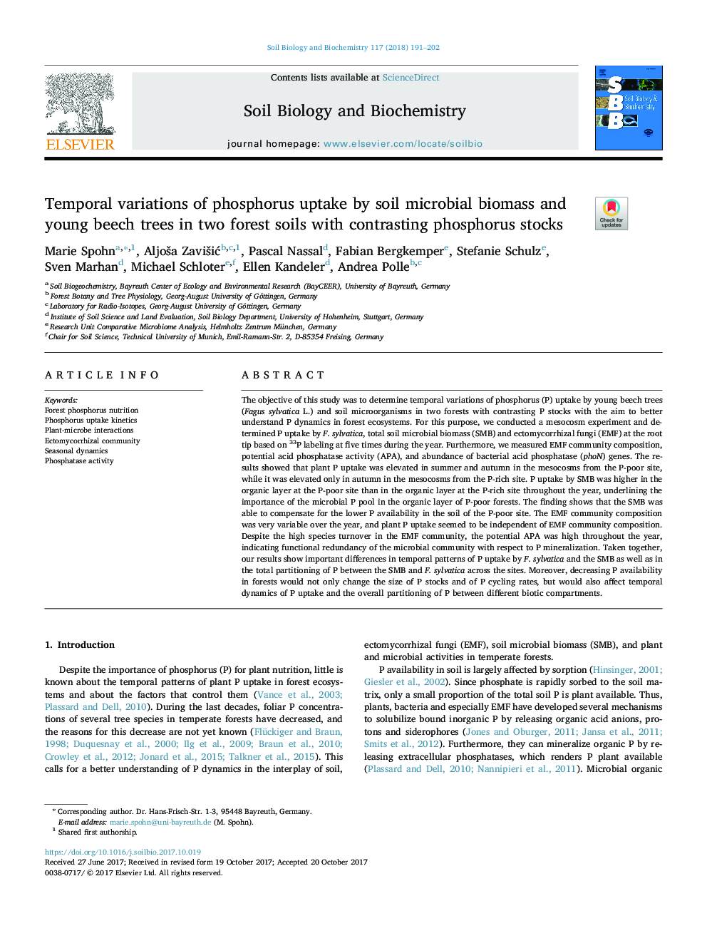 Temporal variations of phosphorus uptake by soil microbial biomass and young beech trees in two forest soils with contrasting phosphorus stocks