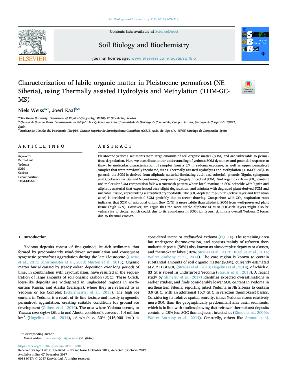 Characterization of labile organic matter in Pleistocene permafrost (NE Siberia), using Thermally assisted Hydrolysis and Methylation (THM-GC-MS)