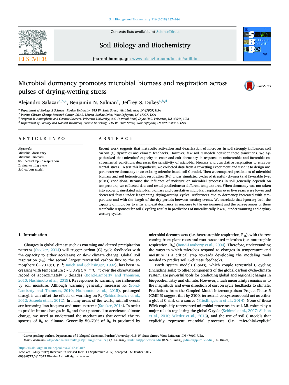 Microbial dormancy promotes microbial biomass and respiration across pulses of drying-wetting stress