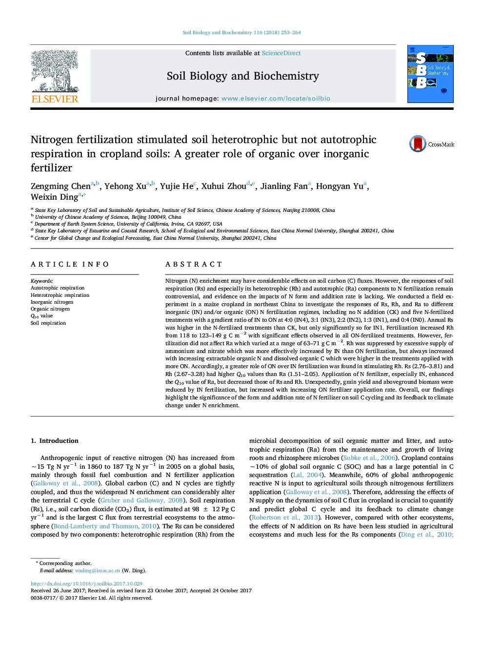 Nitrogen fertilization stimulated soil heterotrophic but not autotrophic respiration in cropland soils: A greater role of organic over inorganic fertilizer