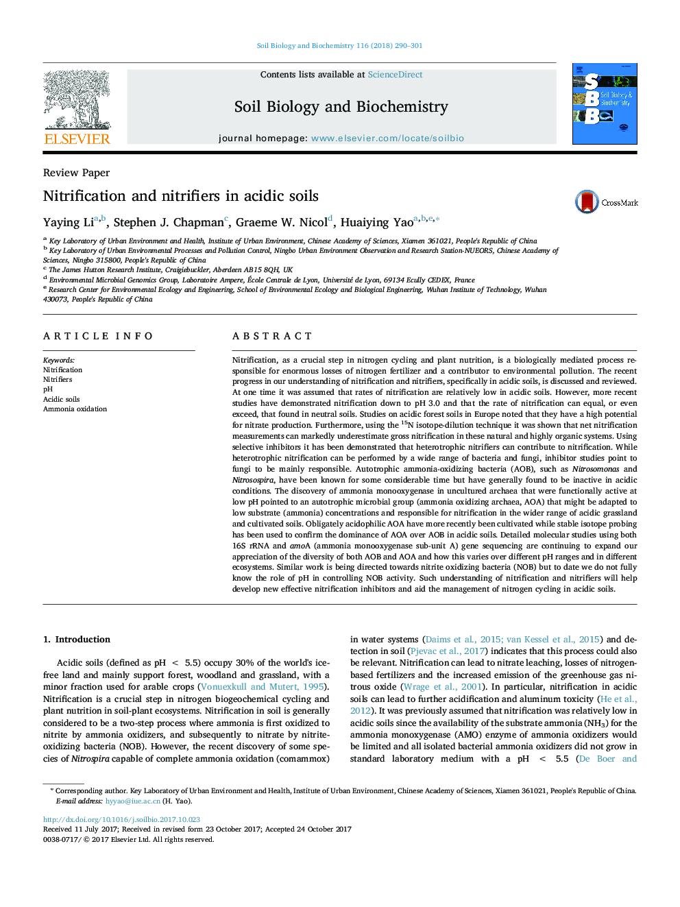 Nitrification and nitrifiers in acidic soils