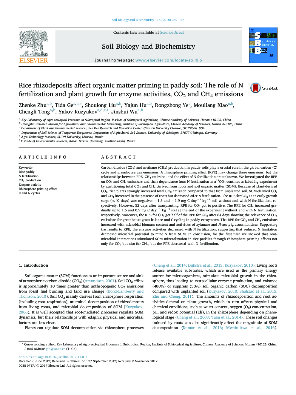 Rice rhizodeposits affect organic matter priming in paddy soil: The role of N fertilization and plant growth for enzyme activities, CO2 and CH4 emissions