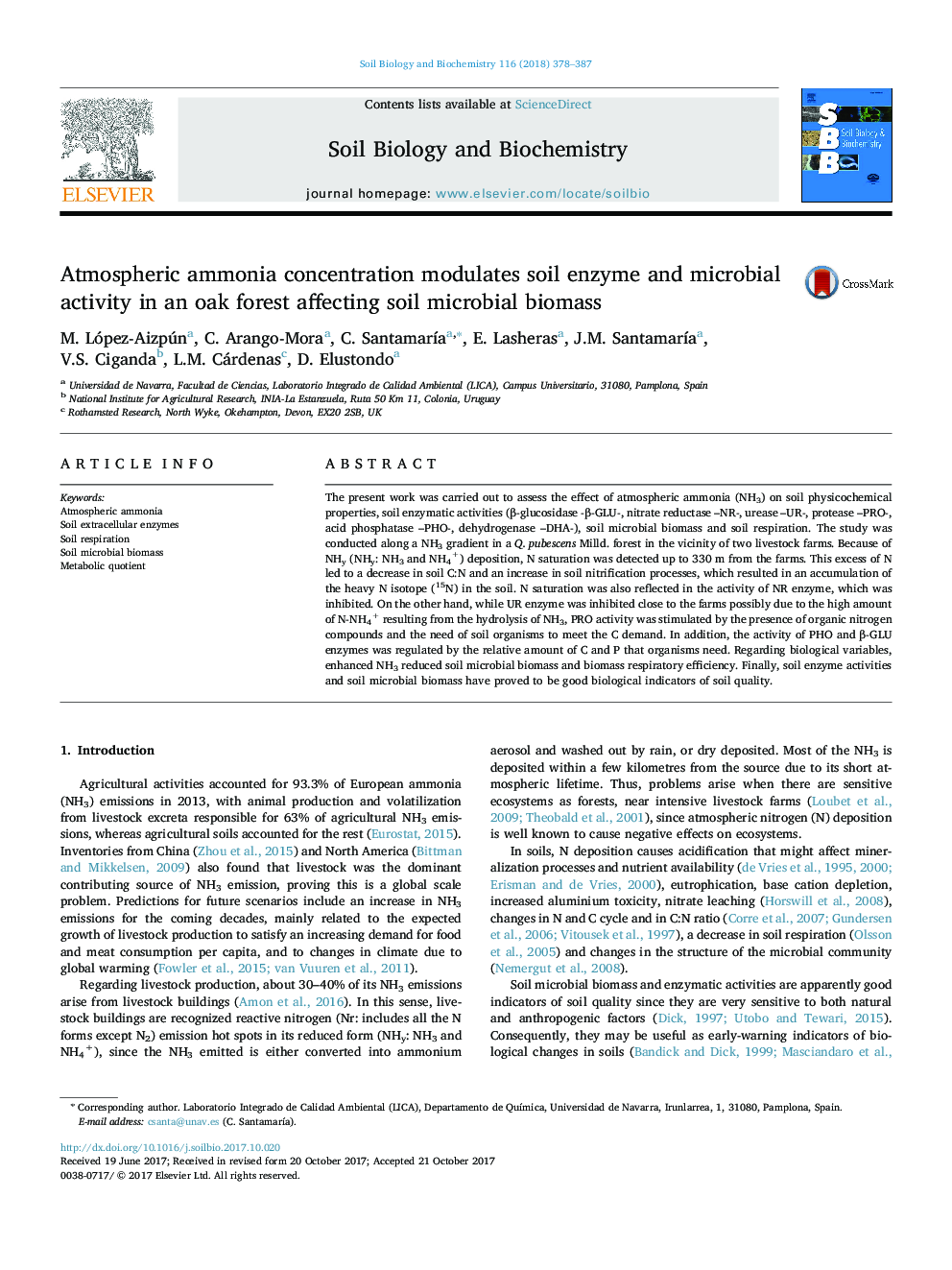 Atmospheric ammonia concentration modulates soil enzyme and microbial activity in an oak forest affecting soil microbial biomass