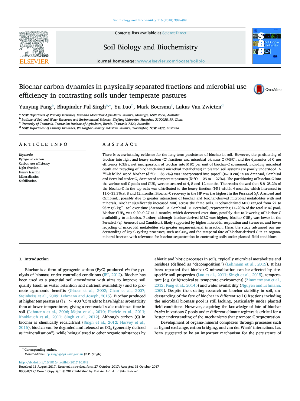 Biochar carbon dynamics in physically separated fractions and microbial use efficiency in contrasting soils under temperate pastures