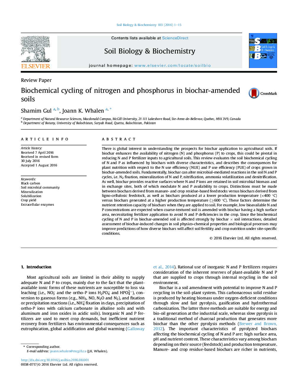 Biochemical cycling of nitrogen and phosphorus in biochar-amended soils