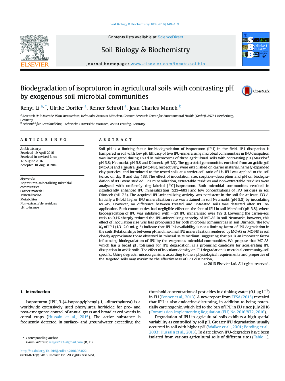 Biodegradation of isoproturon in agricultural soils with contrasting pH by exogenous soil microbial communities