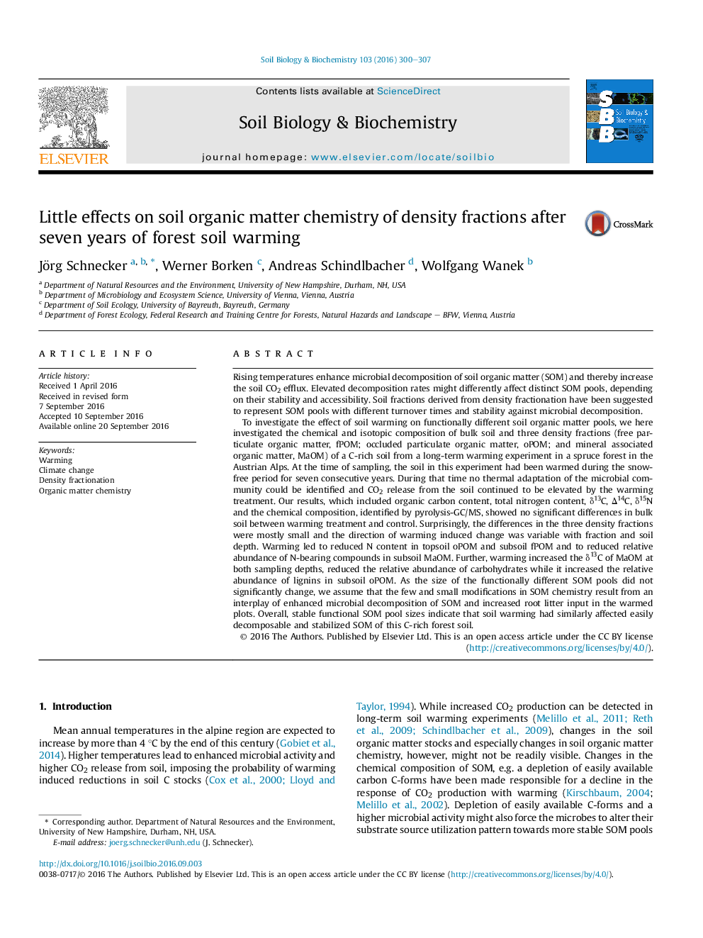 Little effects on soil organic matter chemistry of density fractions after seven years of forest soil warming