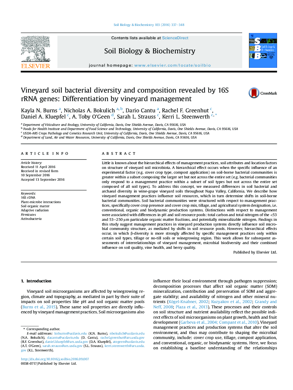 Vineyard soil bacterial diversity and composition revealed by 16S rRNA genes: Differentiation by vineyard management