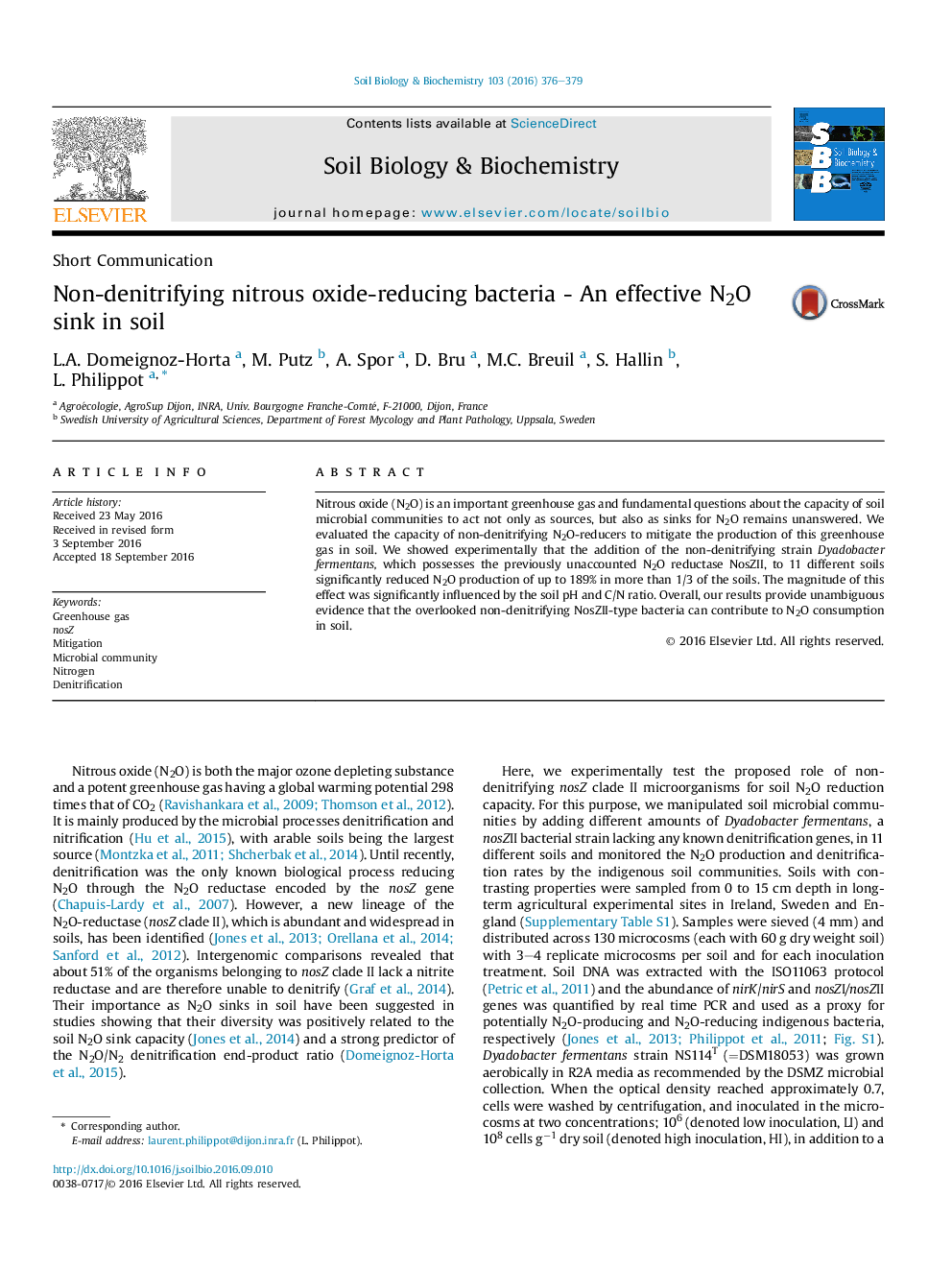 Non-denitrifying nitrous oxide-reducing bacteria - An effective N2O sink in soil