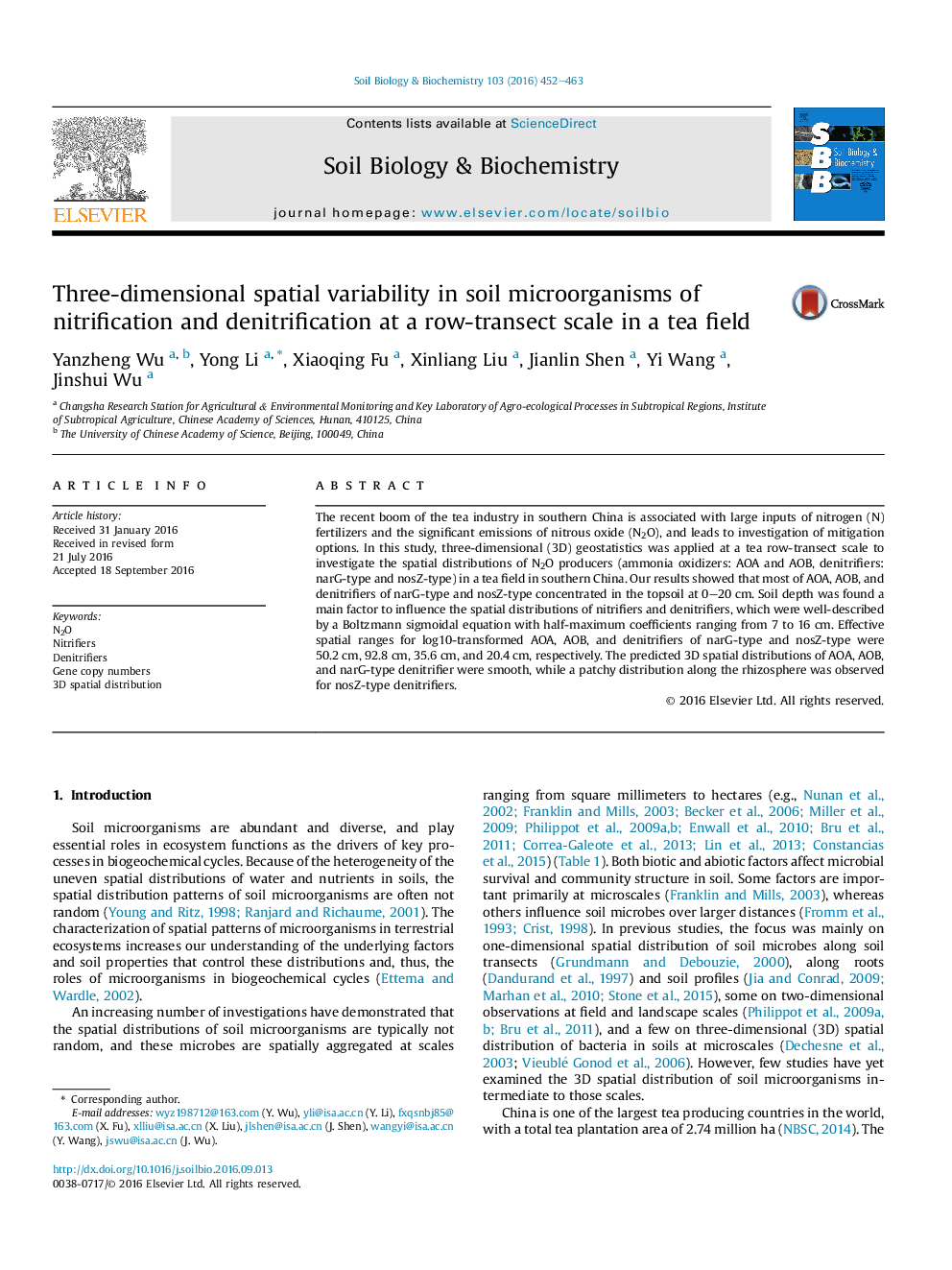 Three-dimensional spatial variability in soil microorganisms of nitrification and denitrification at a row-transect scale in a tea field