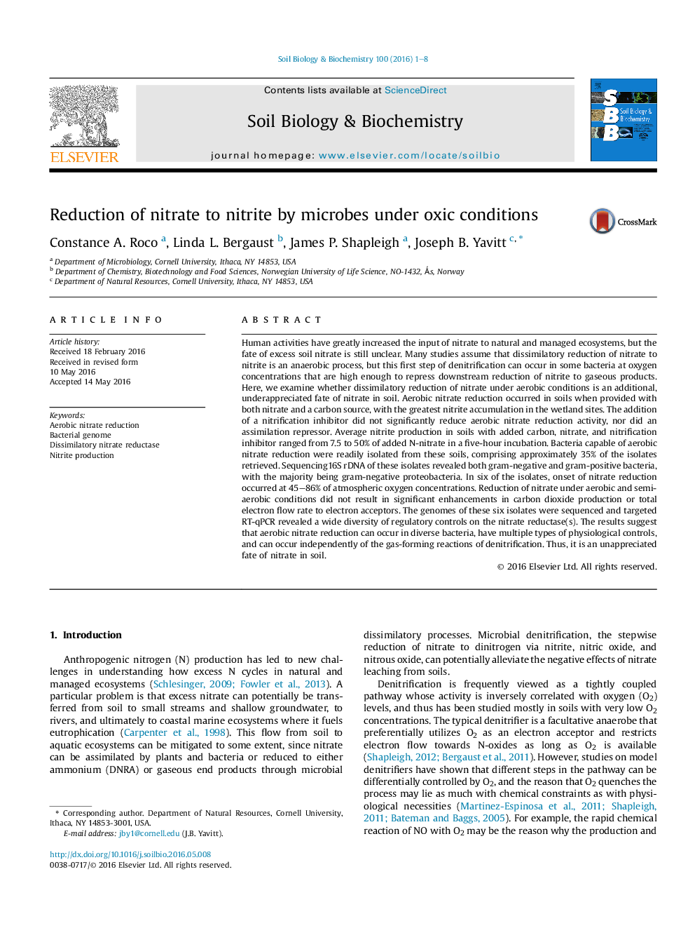 Reduction of nitrate to nitrite by microbes under oxic conditions