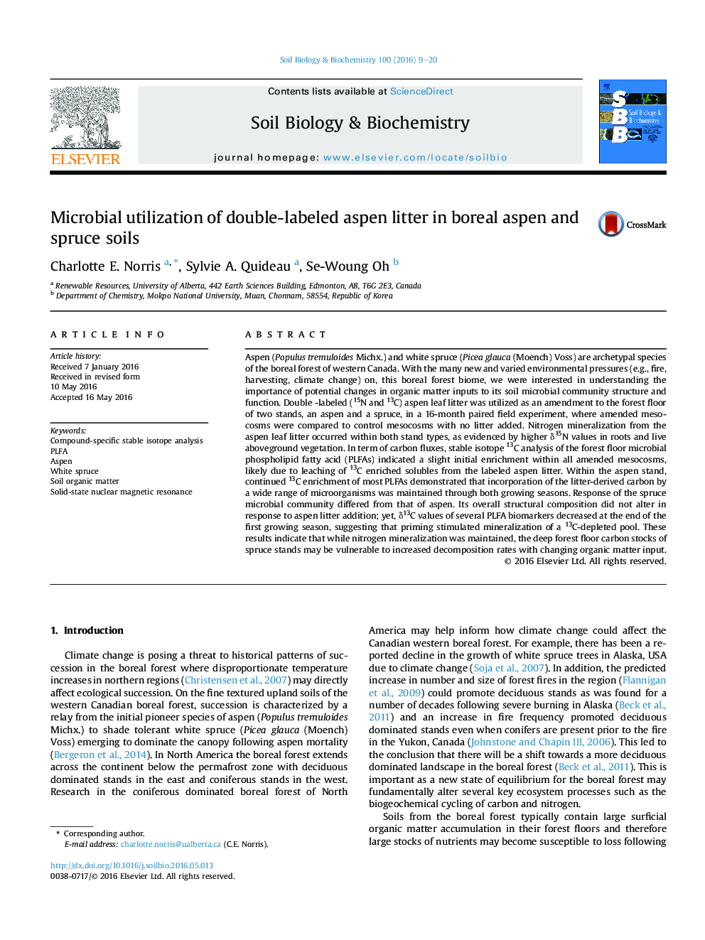 Microbial utilization of double-labeled aspen litter in boreal aspen and spruce soils