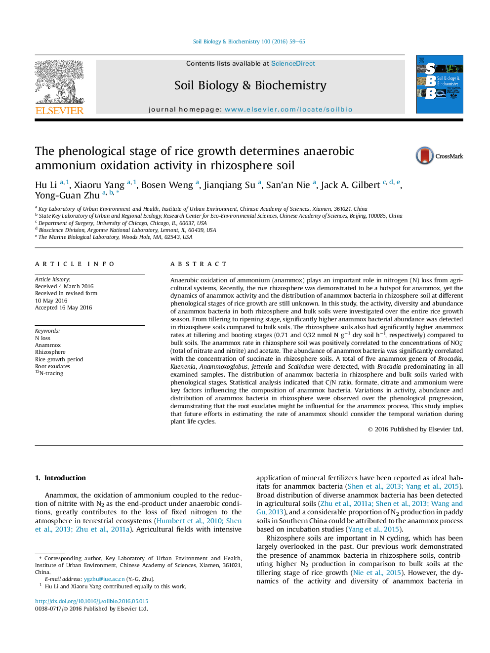 The phenological stage of rice growth determines anaerobic ammonium oxidation activity in rhizosphere soil