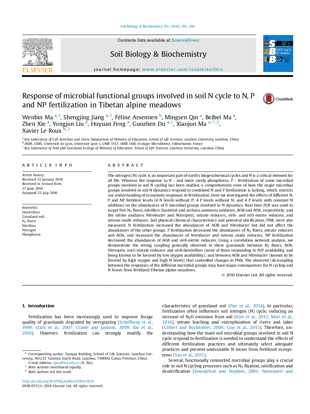 Response of microbial functional groups involved in soil N cycle to N, P and NP fertilization in Tibetan alpine meadows