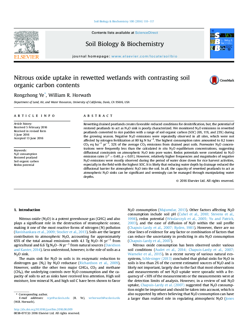 Nitrous oxide uptake in rewetted wetlands with contrasting soil organic carbon contents