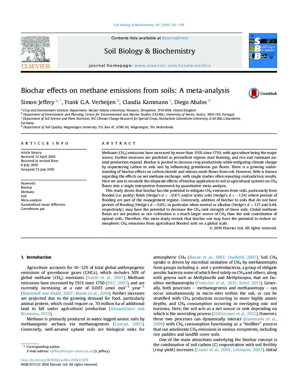 Biochar effects on methane emissions from soils: A meta-analysis