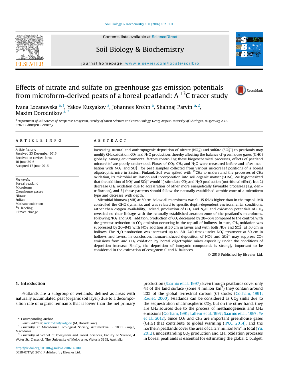 عکس صفحه اول مقاله: Effects of nitrate and sulfate on greenhouse gas emission potentials from microform-derived peats of a boreal peatland: A 13C tracer study Effects of nitrate and sulfate on greenhouse gas emission potentials from microform-derived peats of a boreal peatland: A 13C tracer study