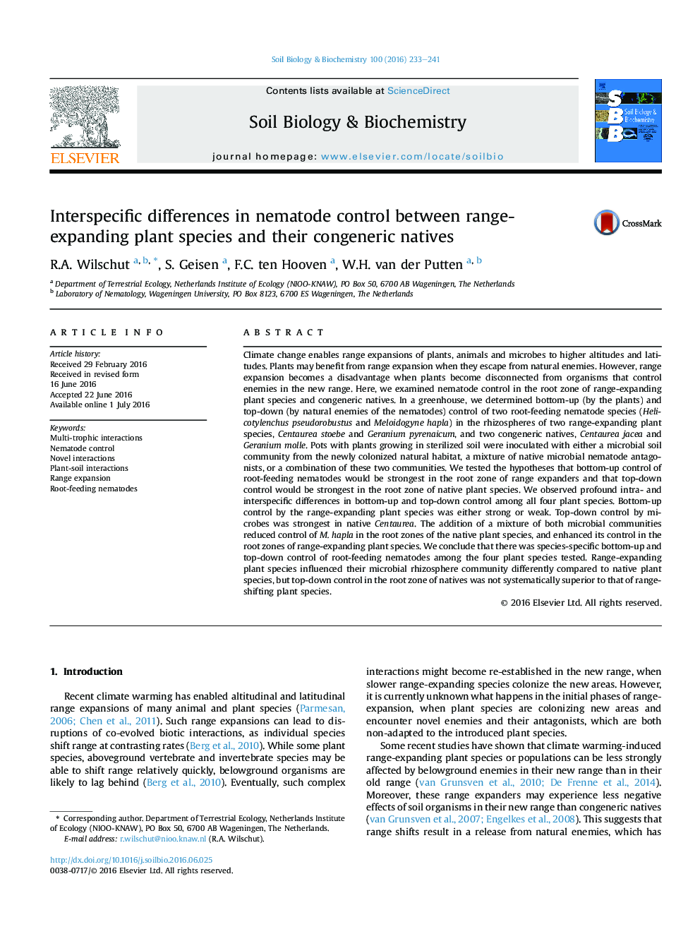 Interspecific differences in nematode control between range-expanding plant species and their congeneric natives