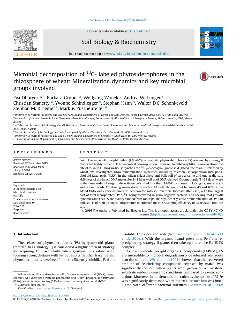 Microbial decomposition of 13C- labeled phytosiderophores in the rhizosphere of wheat: Mineralization dynamics and key microbial groups involved