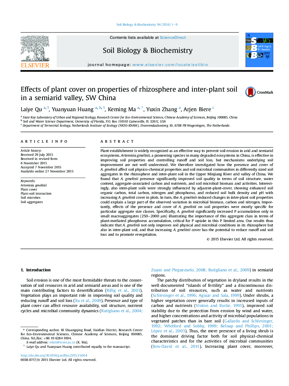 Effects of plant cover on properties of rhizosphere and inter-plant soil in a semiarid valley, SW China