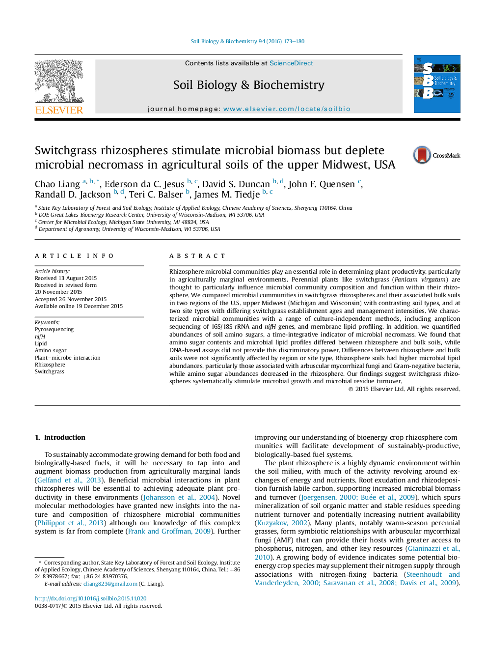 Switchgrass rhizospheres stimulate microbial biomass but deplete microbial necromass in agricultural soils of the upper Midwest, USA