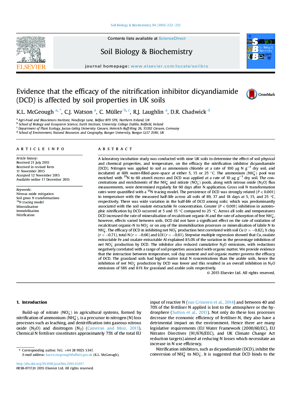 Evidence that the efficacy of the nitrification inhibitor dicyandiamide (DCD) is affected by soil properties in UK soils