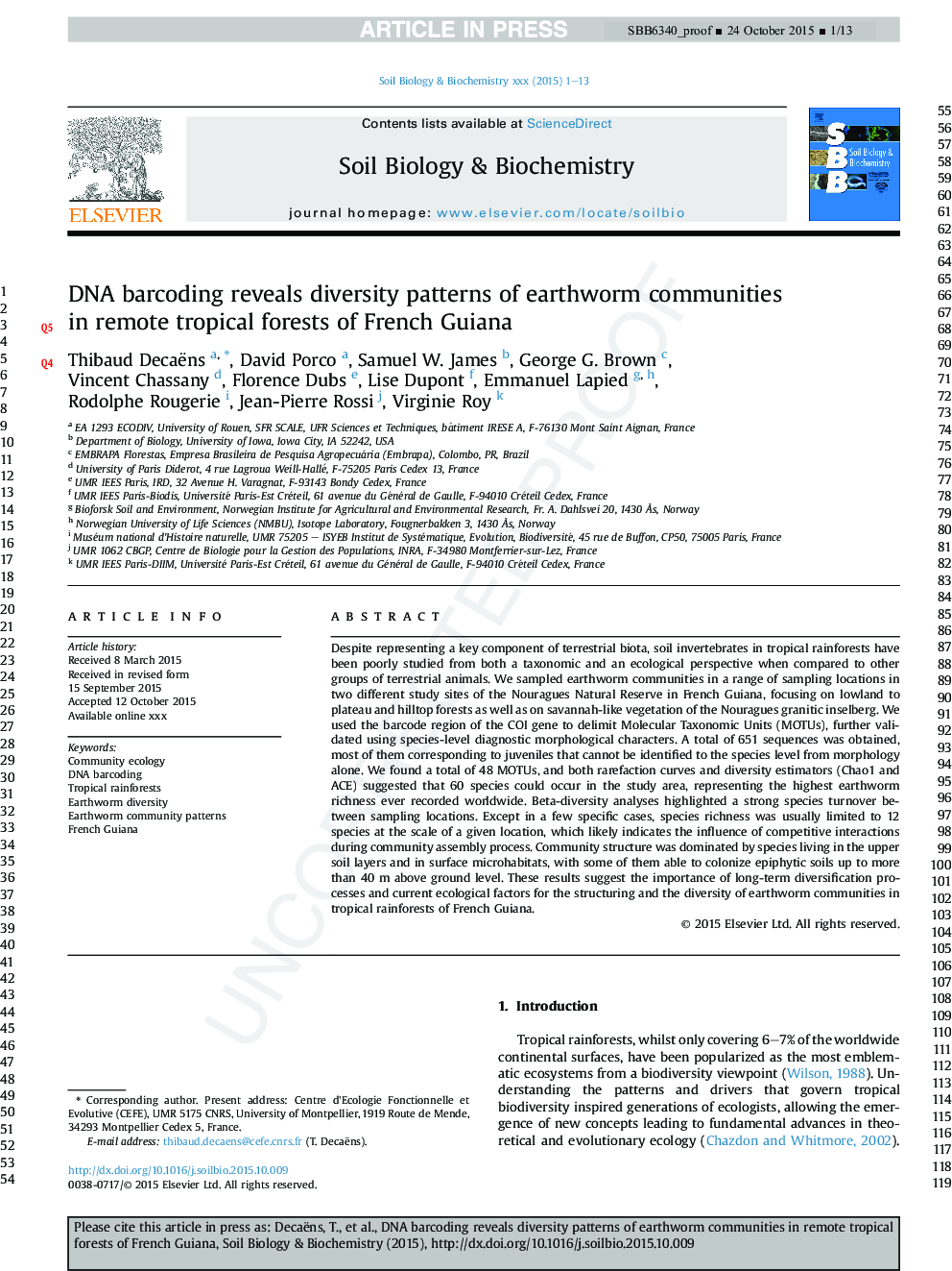 DNA barcoding reveals diversity patterns of earthworm communities in remote tropical forests of French Guiana