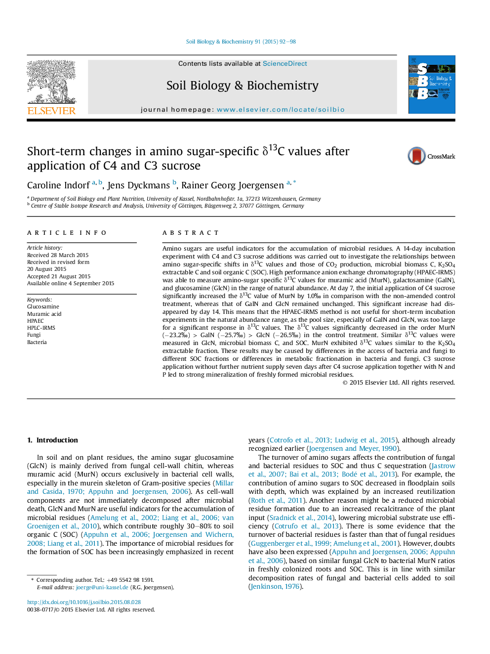 Short-term changes in amino sugar-specific Î´13C values after application of C4 and C3 sucrose