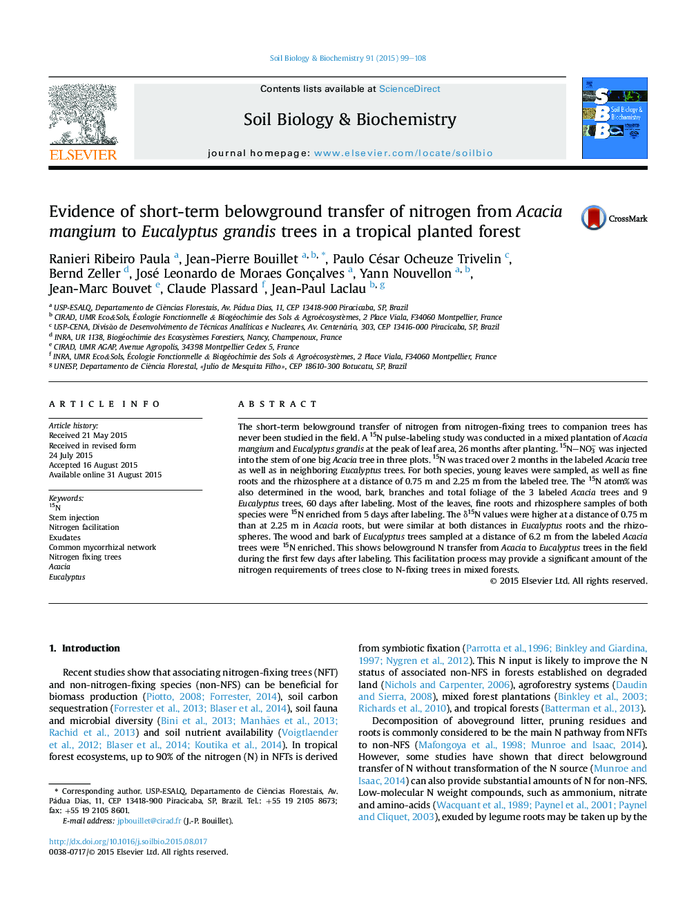 Evidence of short-term belowground transfer of nitrogen from Acacia mangium to Eucalyptus grandis trees in a tropical planted forest