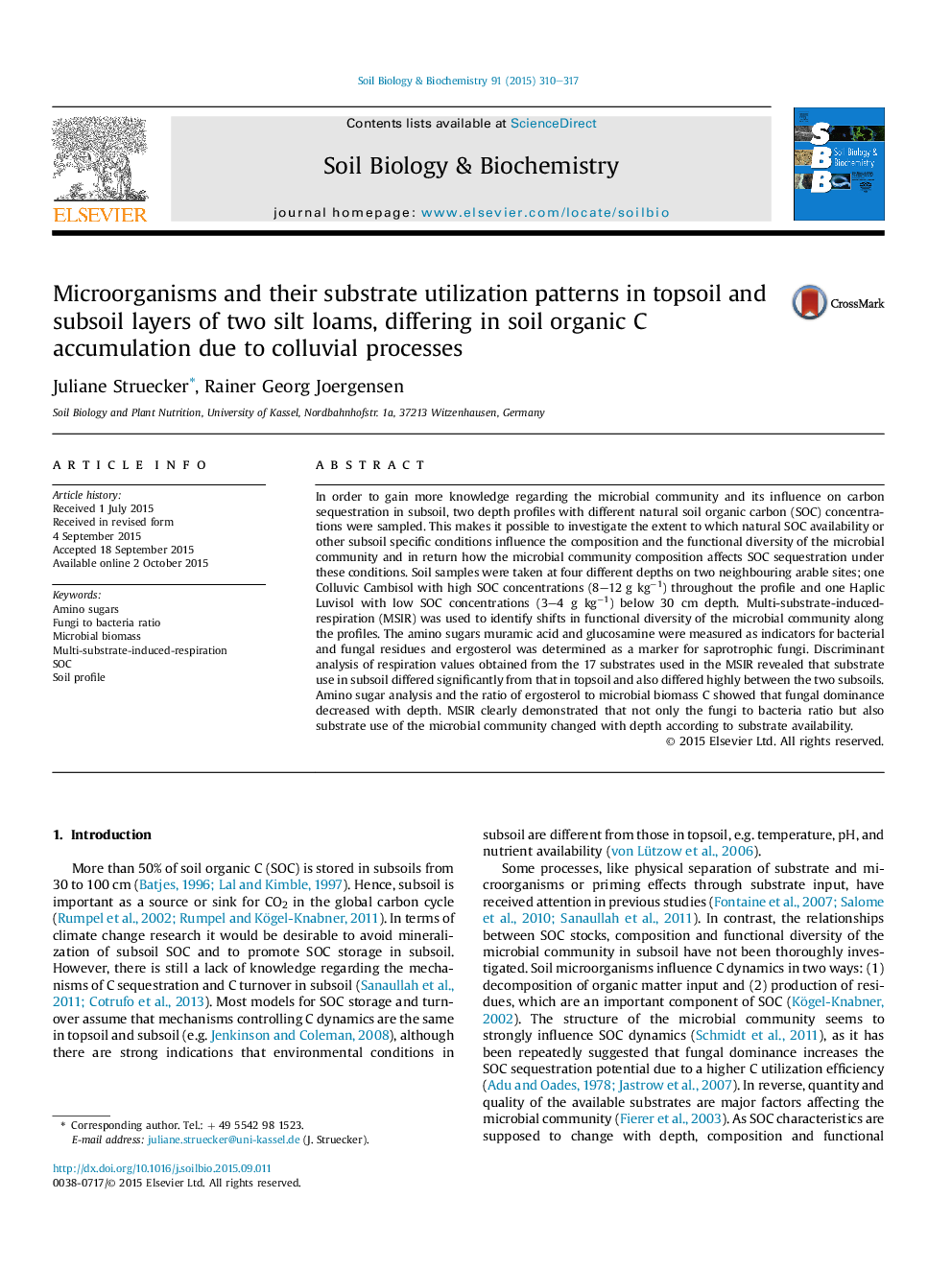 Microorganisms and their substrate utilization patterns in topsoil and subsoil layers of two silt loams, differing in soil organic C accumulation due to colluvial processes