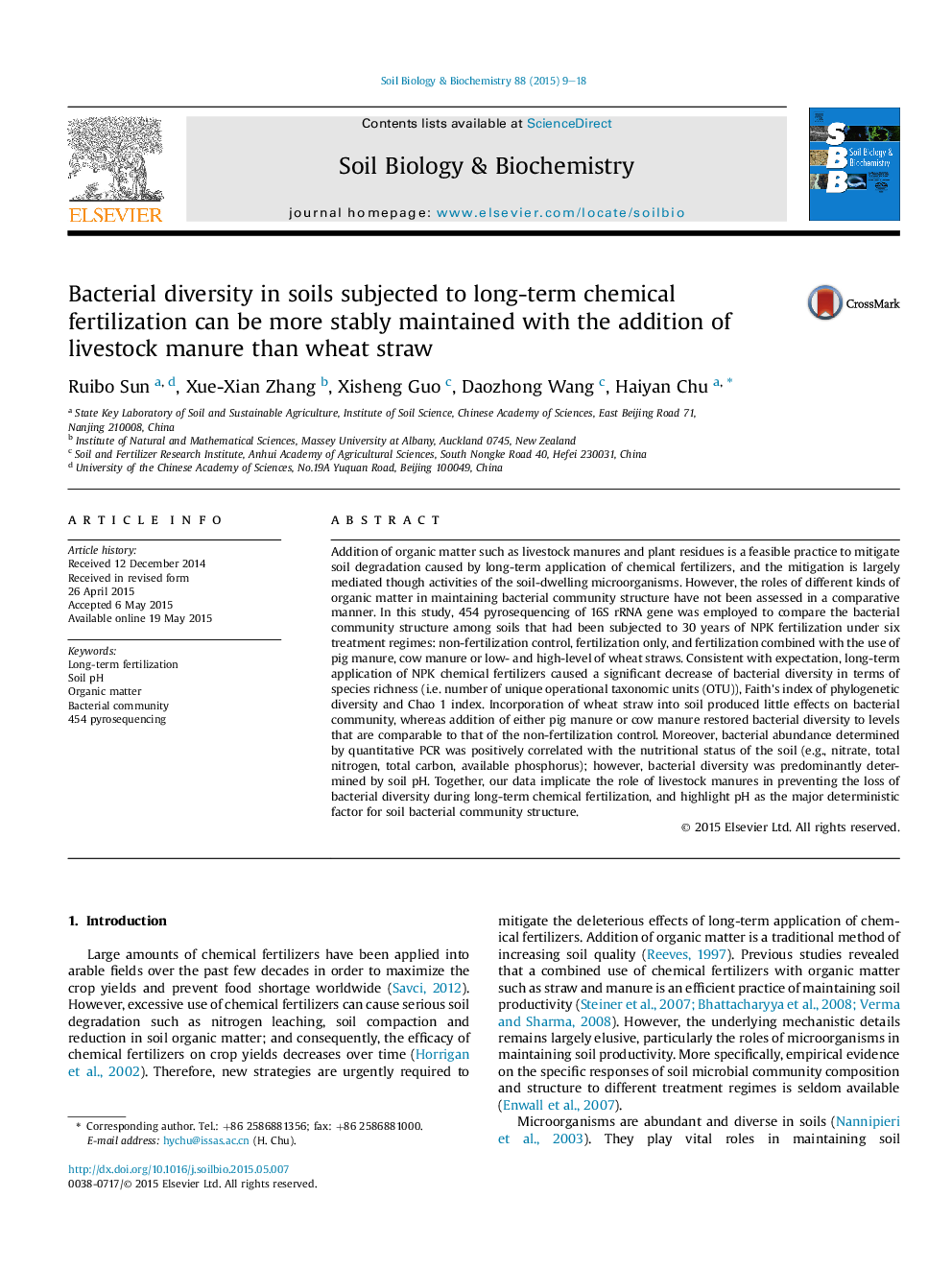 Bacterial diversity in soils subjected to long-term chemical fertilization can be more stably maintained with the addition of livestock manure than wheat straw