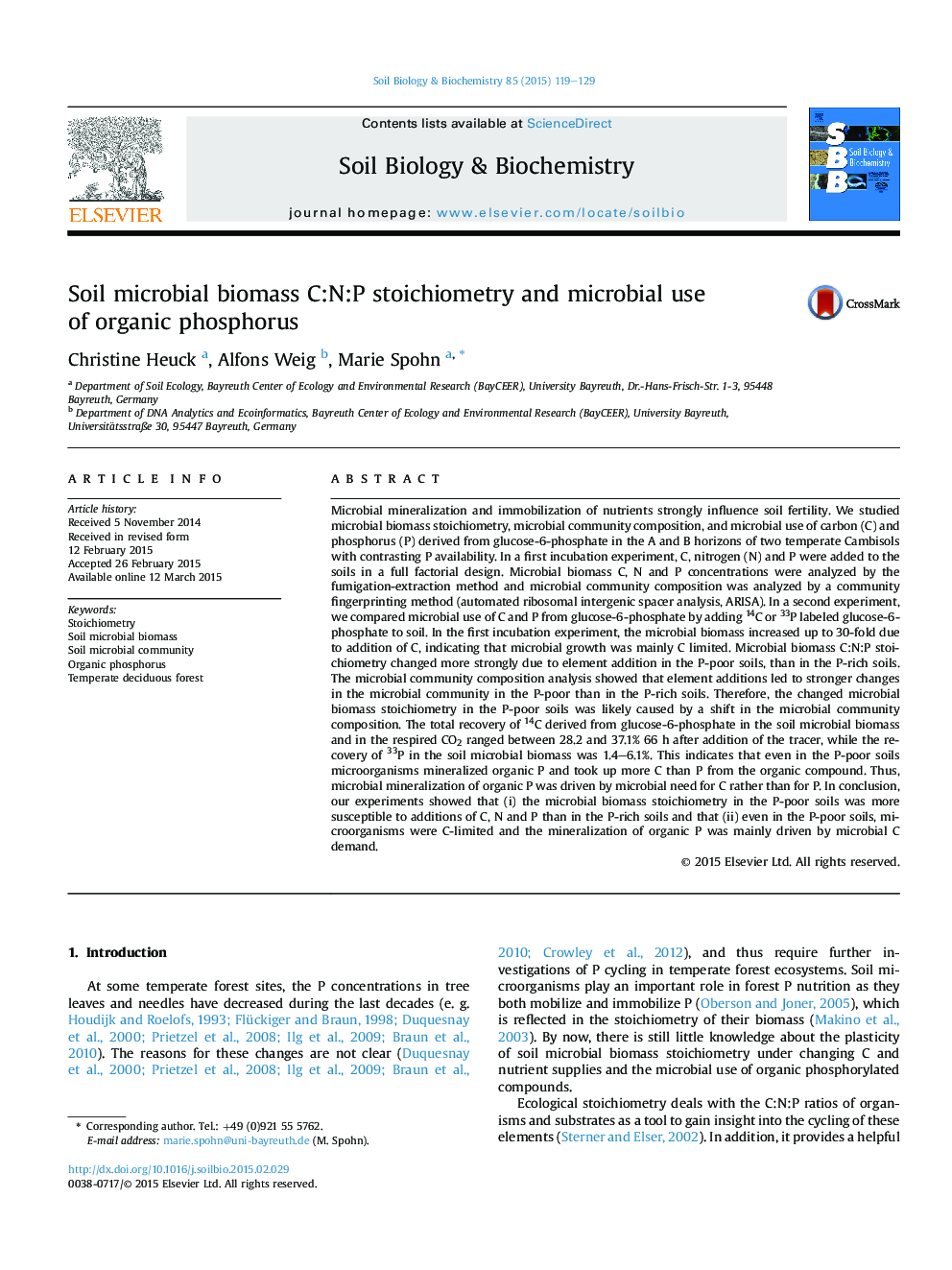 Soil microbial biomass C:N:P stoichiometry and microbial use ofÂ organic phosphorus