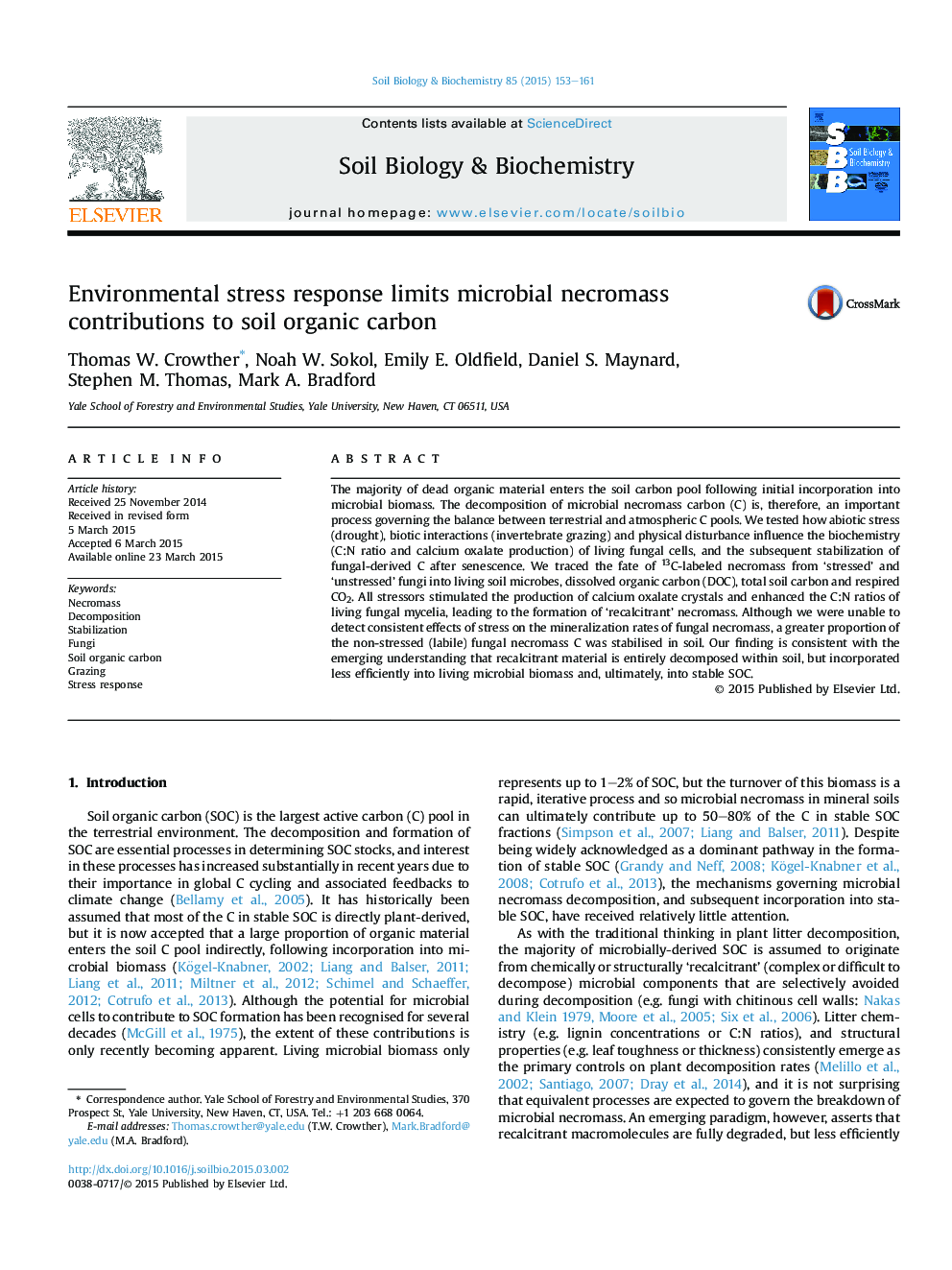 Environmental stress response limits microbial necromass contributions to soil organic carbon