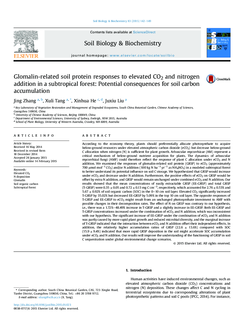 Glomalin-related soil protein responses to elevated CO2 and nitrogen addition in a subtropical forest: Potential consequences for soil carbon accumulation