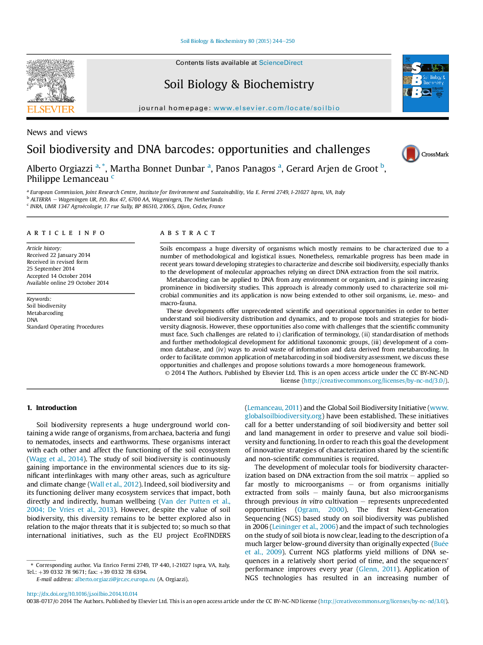 Soil biodiversity and DNA barcodes: opportunities and challenges