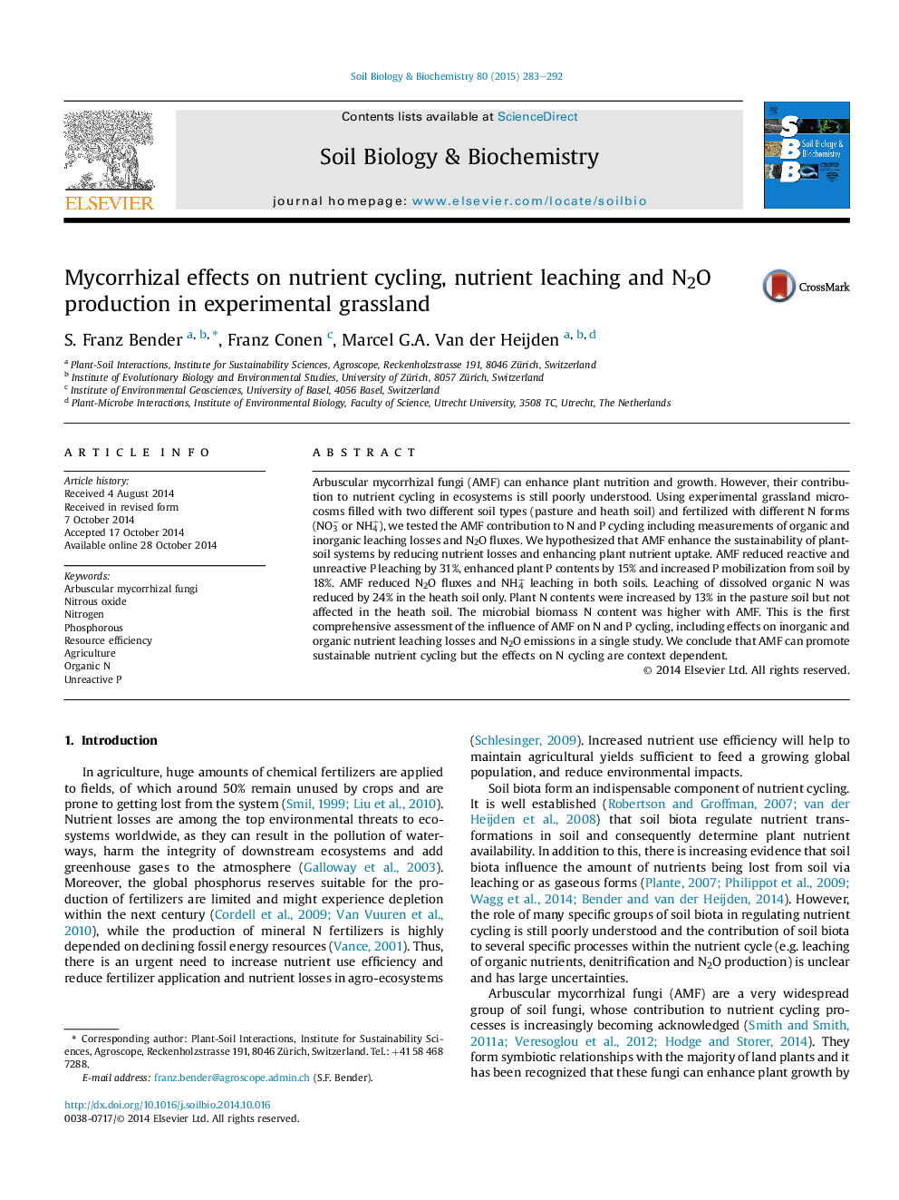 Mycorrhizal effects on nutrient cycling, nutrient leaching and N2O production in experimental grassland