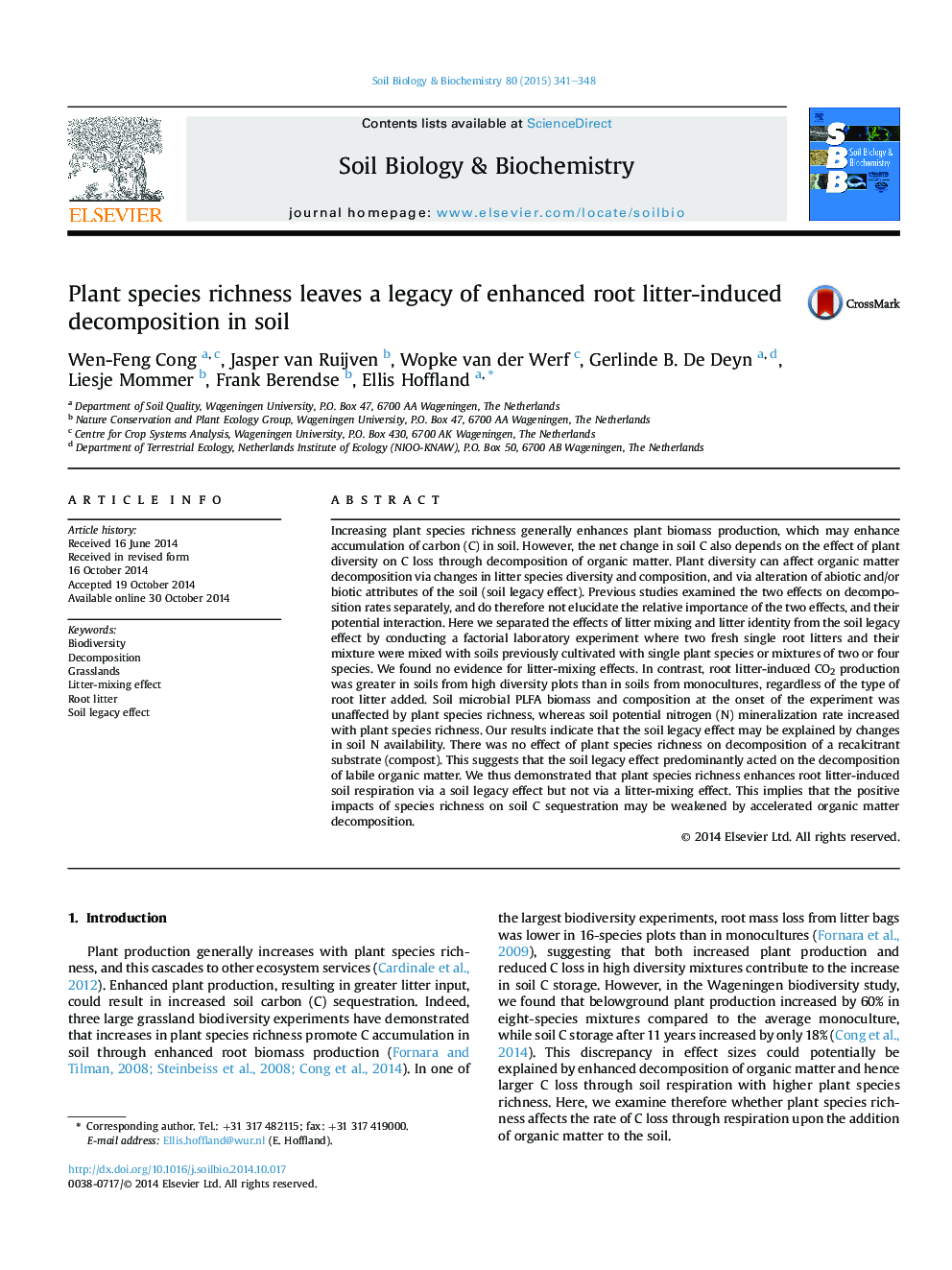 Plant species richness leaves a legacy of enhanced root litter-induced decomposition in soil