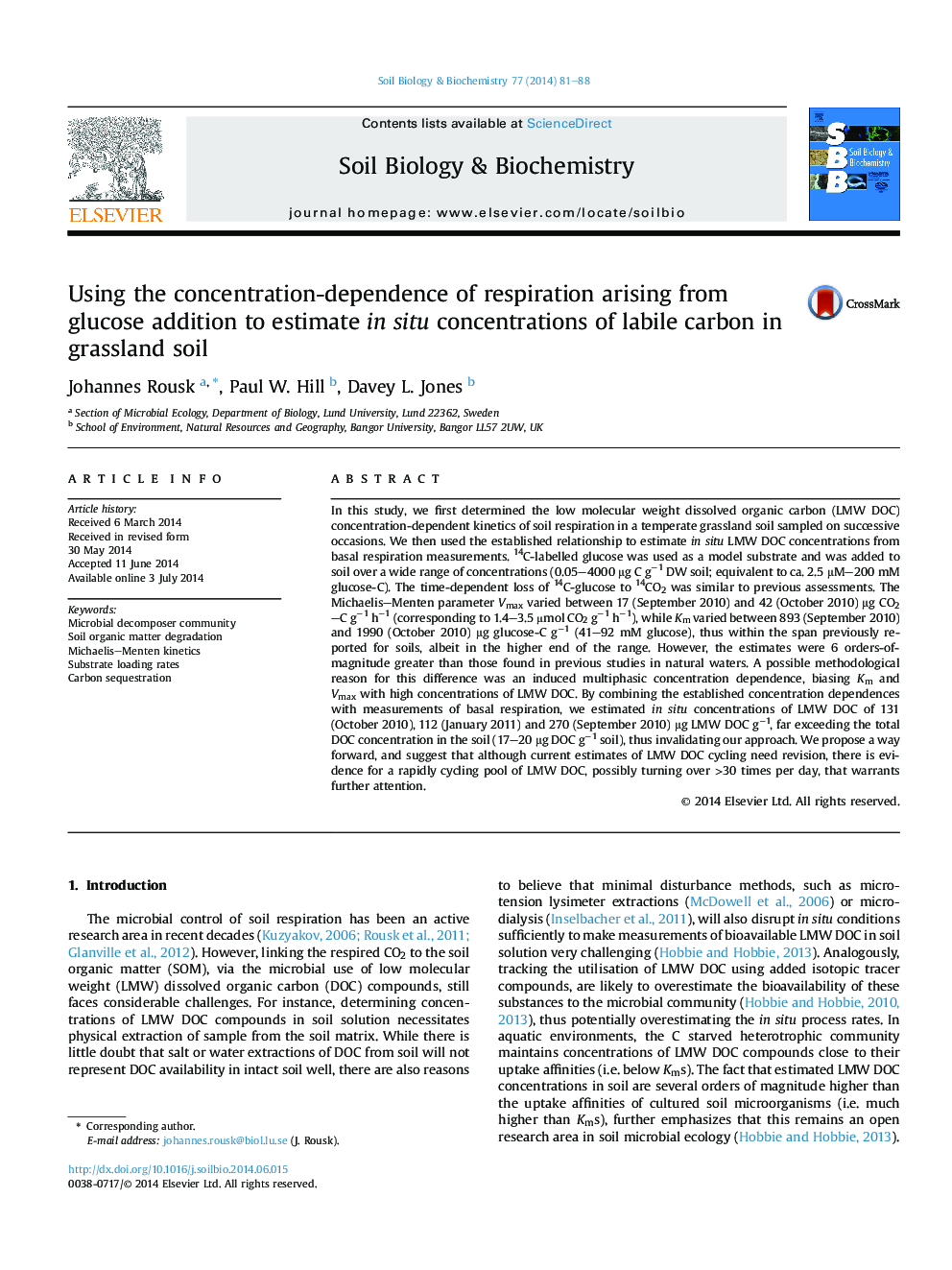 Using the concentration-dependence of respiration arising from glucose addition to estimate in situ concentrations of labile carbon in grassland soil