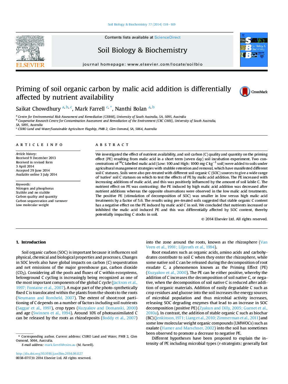 Priming of soil organic carbon by malic acid addition is differentially affected by nutrient availability