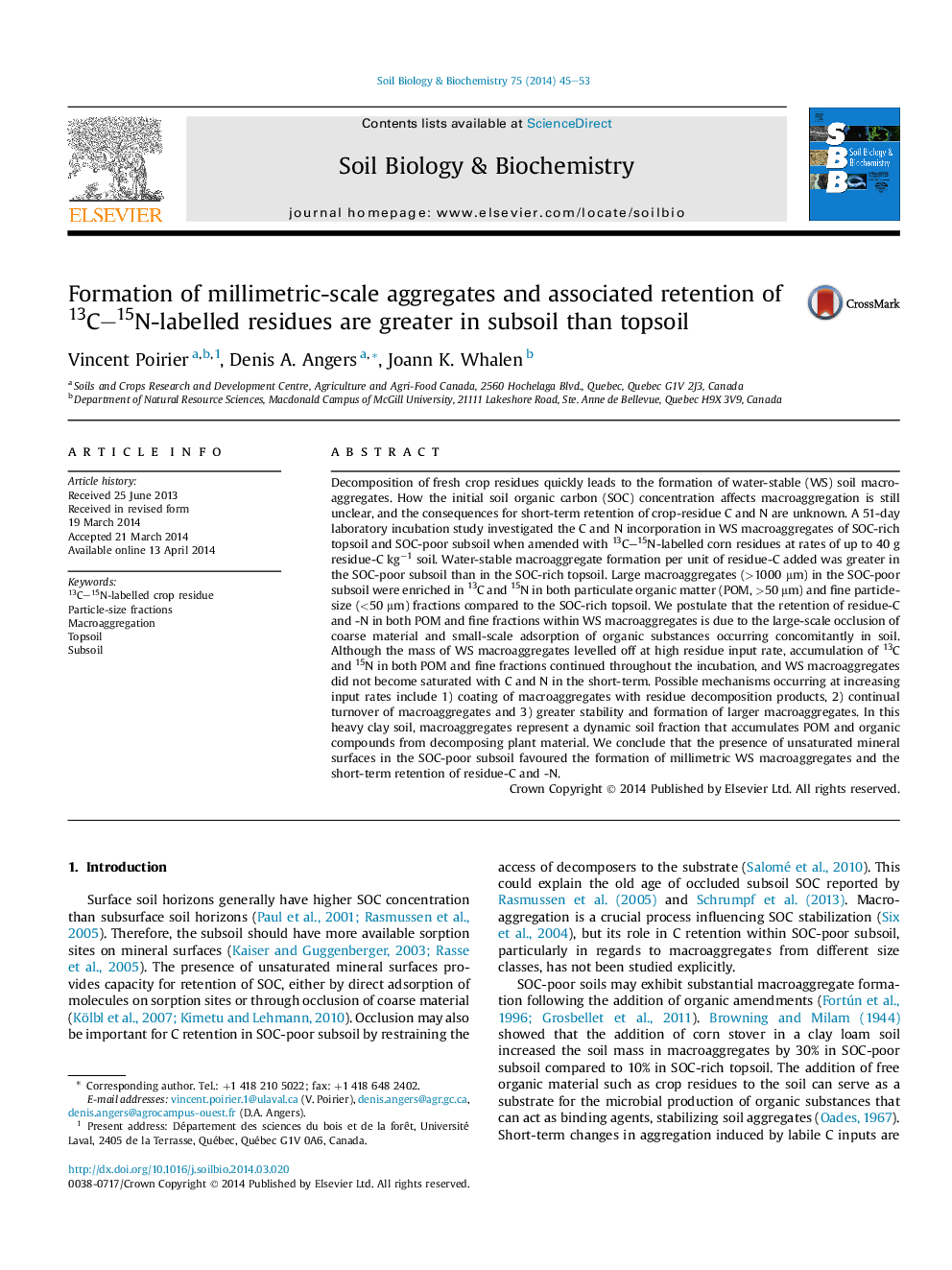 Formation of millimetric-scale aggregates and associated retention of 13C-15N-labelled residues are greater in subsoil than topsoil