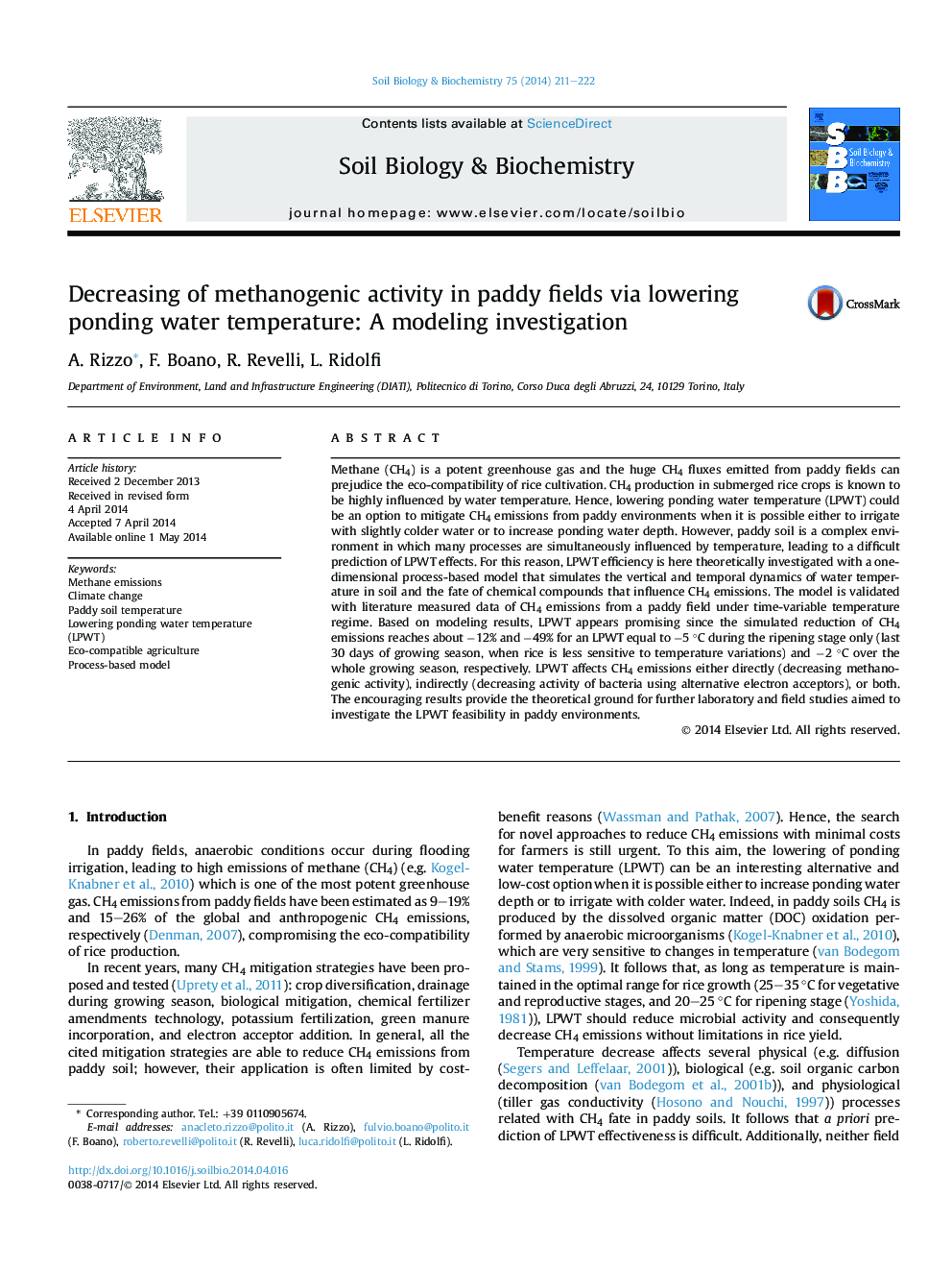 Decreasing of methanogenic activity in paddy fields via lowering ponding water temperature: A modeling investigation