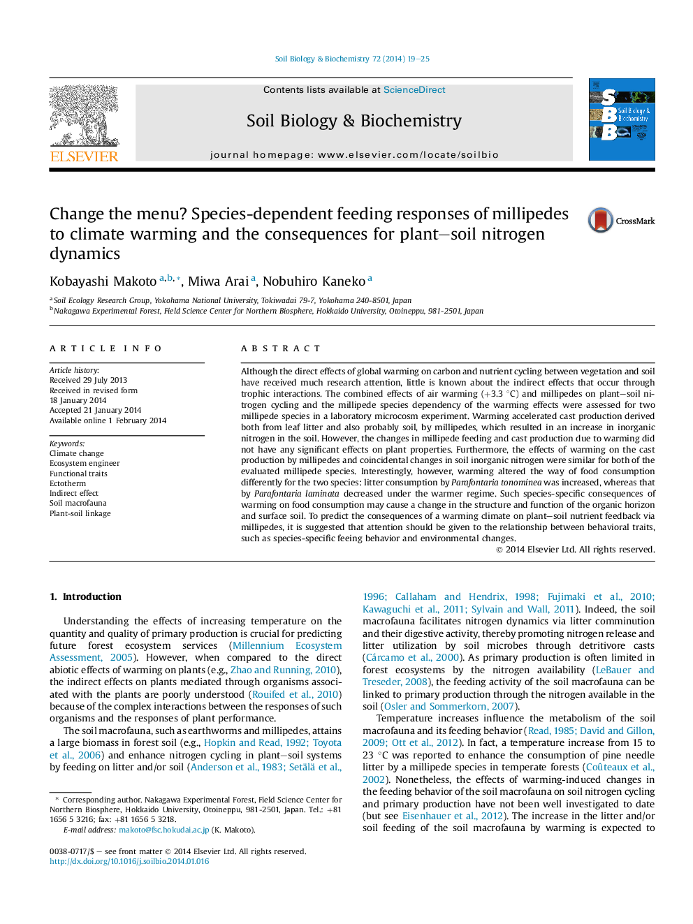 Change the menu? Species-dependent feeding responses of millipedes to climate warming and the consequences for plant-soil nitrogen dynamics