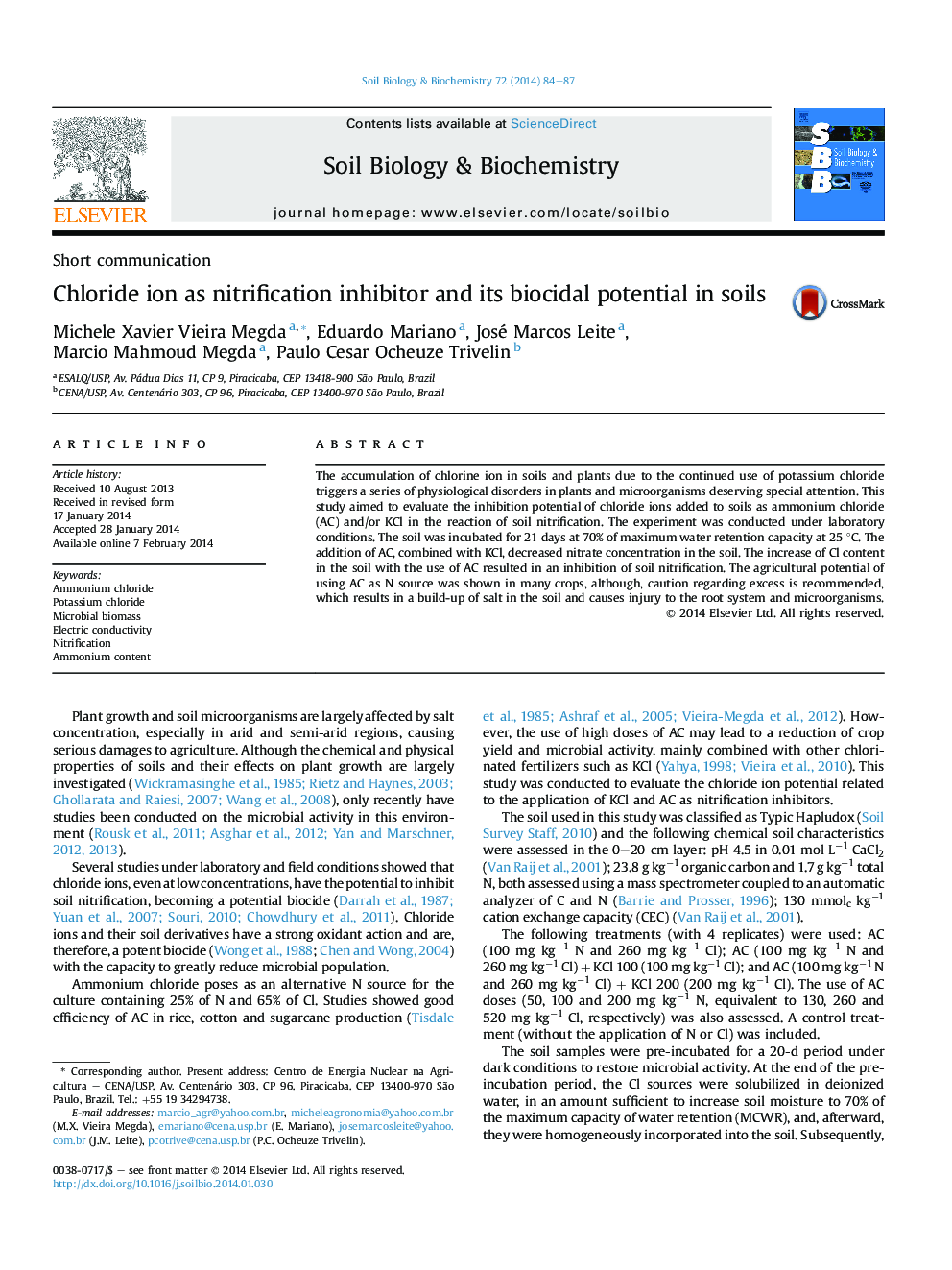 Chloride ion as nitrification inhibitor and its biocidal potential in soils