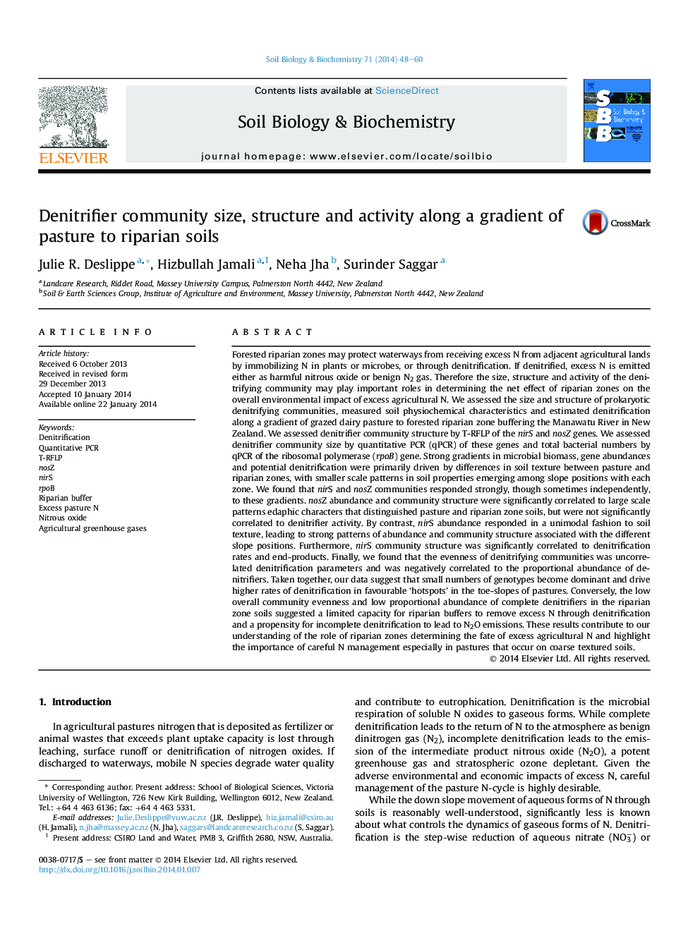 Denitrifier community size, structure and activity along a gradient of pasture to riparian soils