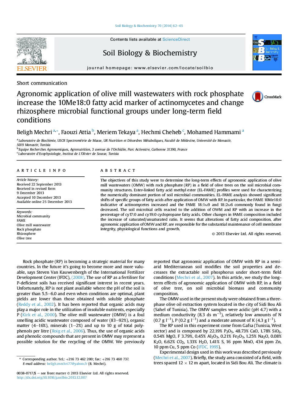 Agronomic application of olive mill wastewaters with rock phosphate increase the 10Me18:0 fatty acid marker of actinomycetes and change rhizosphere microbial functional groups under long-term field conditions