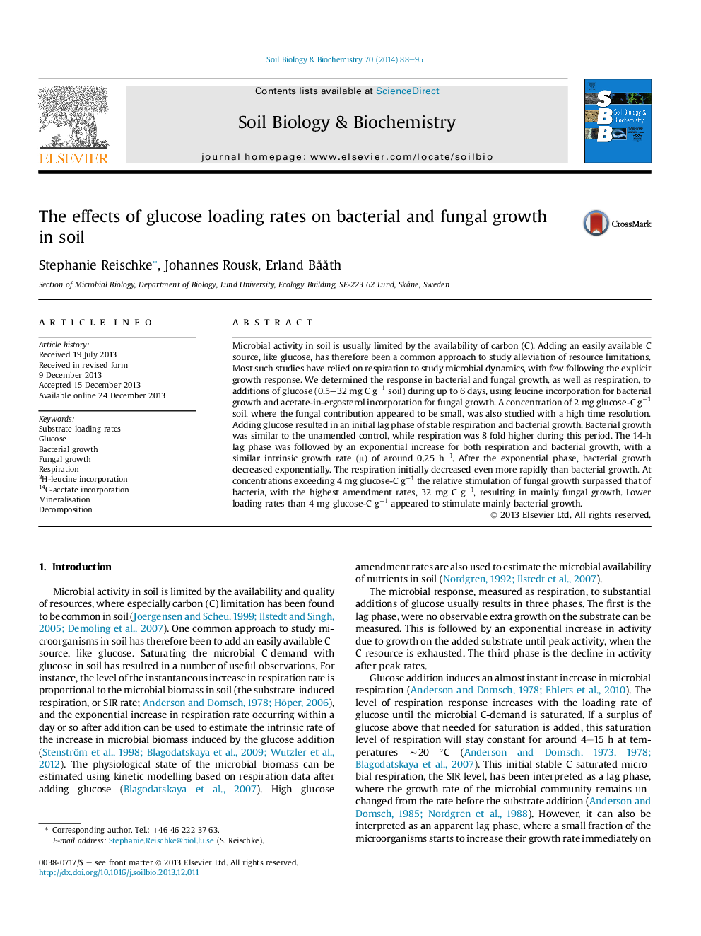 The effects of glucose loading rates on bacterial and fungal growth inÂ soil